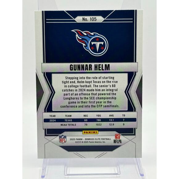 2025 Panini Donruss Elite Gunnar Helm Rookie Blue Refractor 49/75 SP Titans RC - Picture 2 of 2